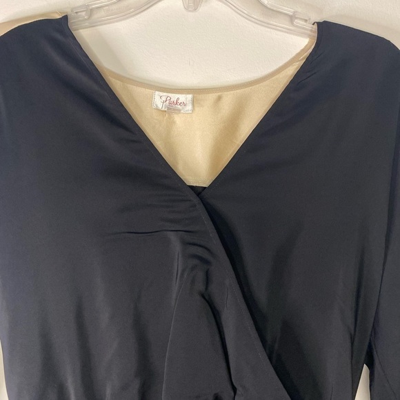 Parker Women's Black and Cream Silk V Neck Mini Dress Size Medium Classic Dressy - Picture 2 of 16